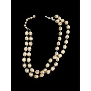 Handcrafted Double-Strand Cream Bead Necklace  Black Accents Floral‎ Etched